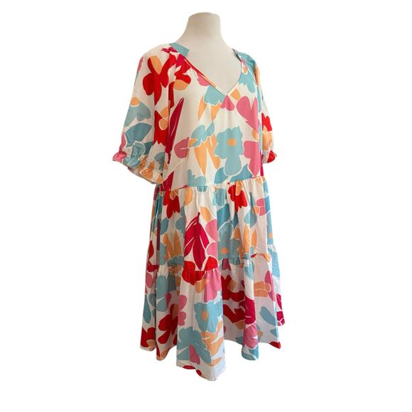 Abstract Floral Midi V Neck Flowy Tiered Dress Summer Spring Large - Picture 5 of 6